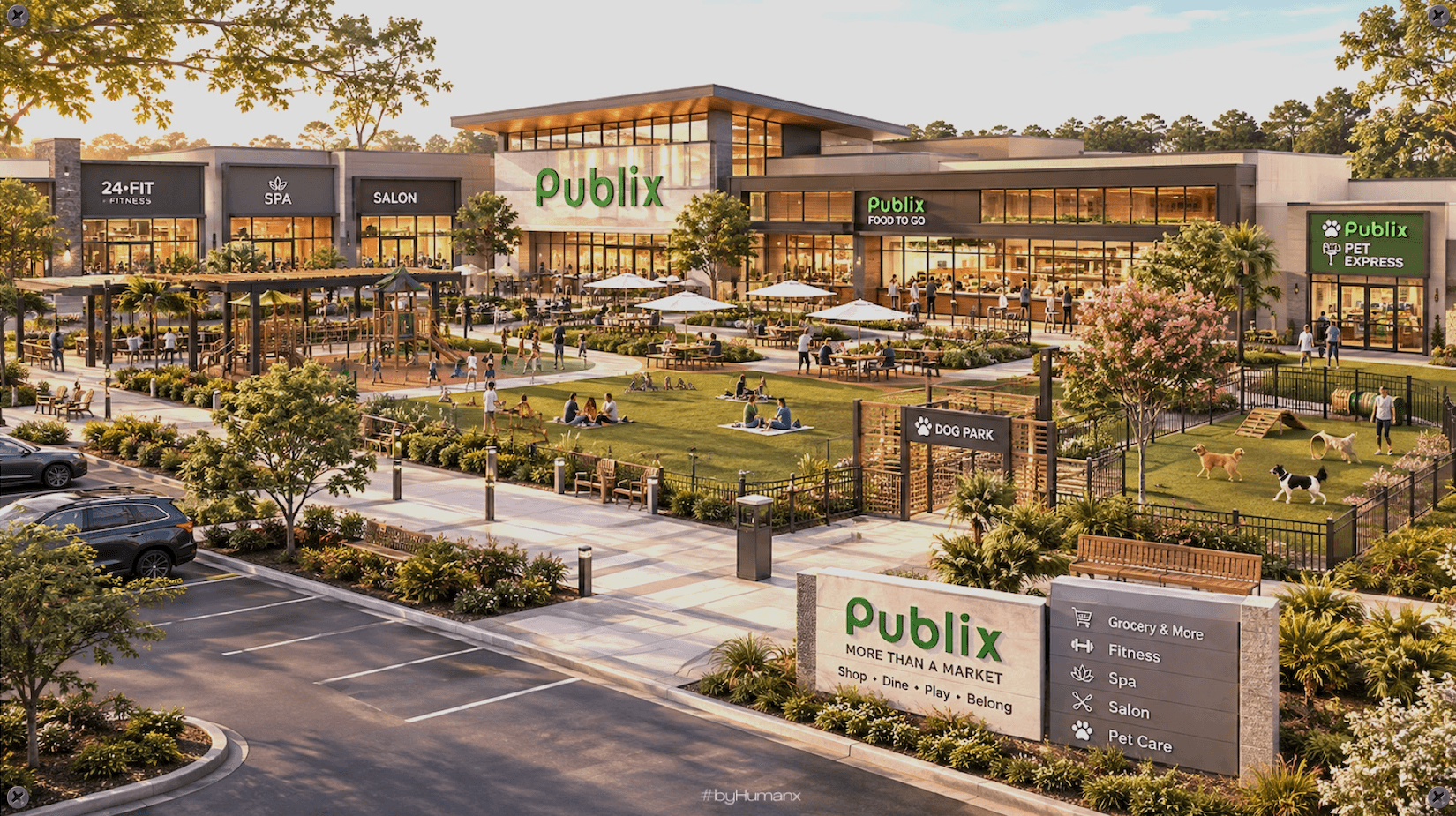 A rendering of a Publix anchored center with a section of the parking lot leading to a "common area park" facing Publix cafe and adjacent outdoor area has a dog park and a Publix Pet Express as well as lifestyle tenants